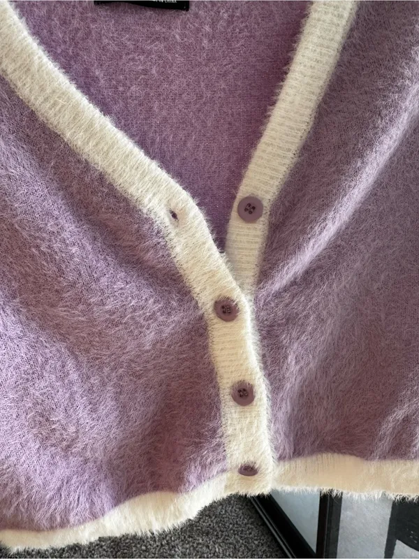 SHEIN Lavender Cropped Fuzzy Eyelash V-Neck Cardigan with Cream Trim - Image 3