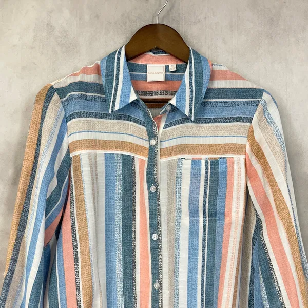 Beachy Striped Button‎ Front Shirt Women Medium Coastal Preppy Resort - Image 3