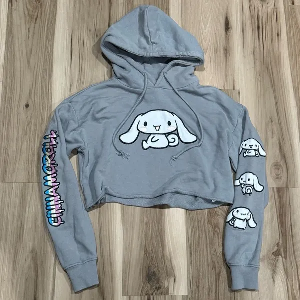 Hello Kitty Cinnamoroll Grey Cropped Hoodie Women’s Medium - Image 2