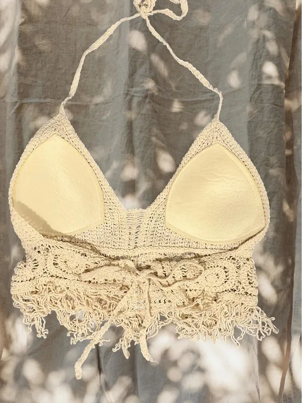 Cream Crochet Fringe Halter Top - Image 4