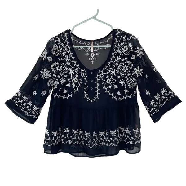 Free People Pennies Squel Navy Sheer Embroidered Top Size Small - Image 14