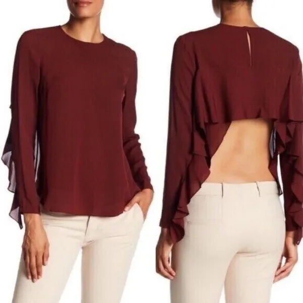 ALC Frank Size 4 Silk Blouse Open Back Ruffle Sleeve Burgundy Elegant Evening Top - Image 2