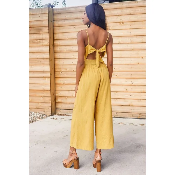 NWT Lulus Coastal Air Mustard Yellow Striped Tie-Back Culotte Jumpsuit Sz XL - Image 3