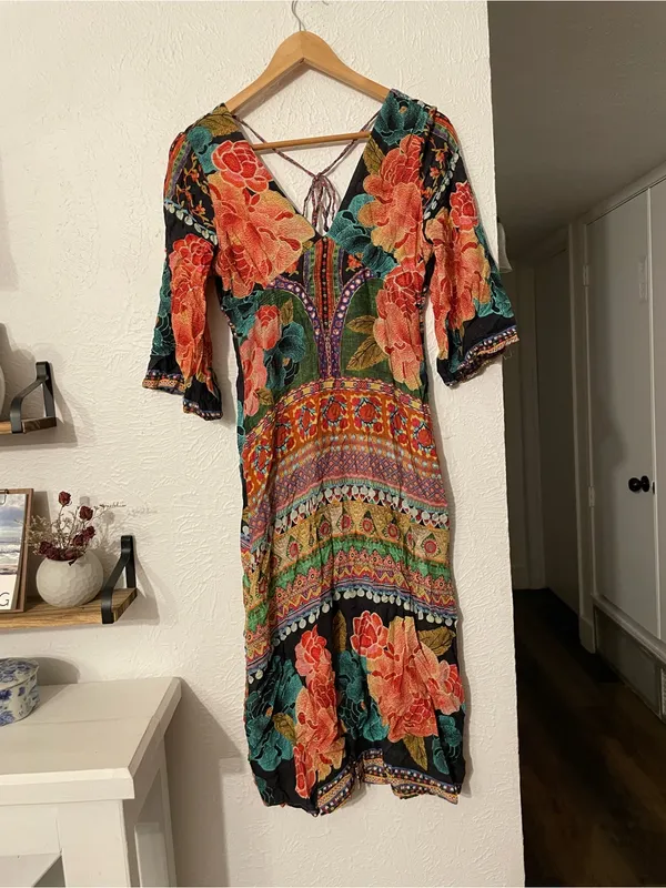 FARM Rio Rosario Black Floral Print Teal Patterned Midi Dress XS - Image 3