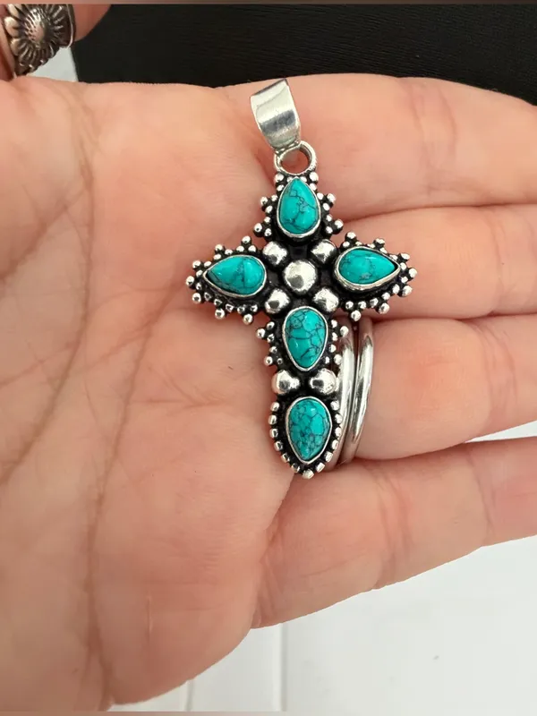 925 Sterling Silver Turquoise Cross Necklace Womens Jewelry Boho Western - Image 5
