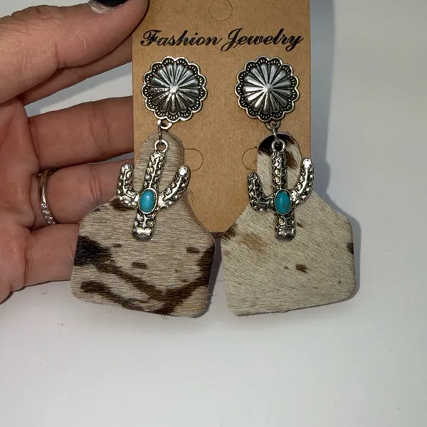 Western Cowhide Cactus Earrings Turquoise Concho Leather Dangle Boho Rodeo - Image 2