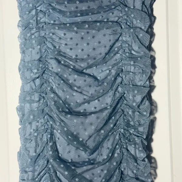 Blāshe Mini Dress blue Puffy Sleeve Ruched Polka Dots XS - Image 5