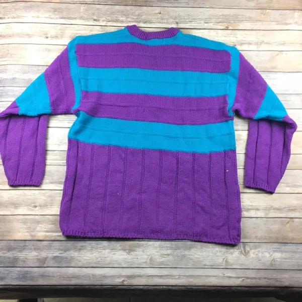 Vintage Blue & Purple Stripe Knit Pullover Preppy Sweater Color Block - Image 4
