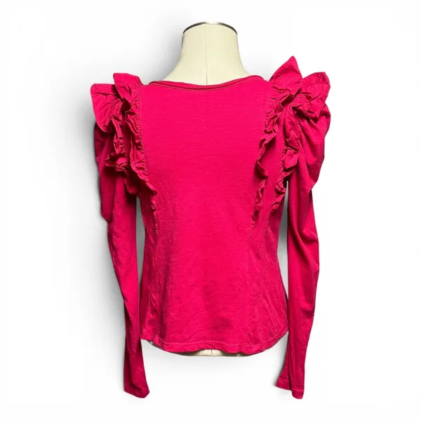 Anthropologie Long Sleeve V-Neck Ruffle Top Pink XS - Image 3