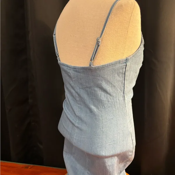 Mele E Pere Denim Mini Dress Light Wash Notched V-Neck Bodycon‎ Blue Womens M - Image 4
