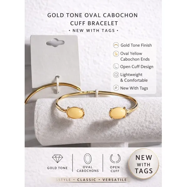 Gold Tone Yellow Oval Cabochon Open Cuff Bracelet Crystal Accent NWT - Image 2
