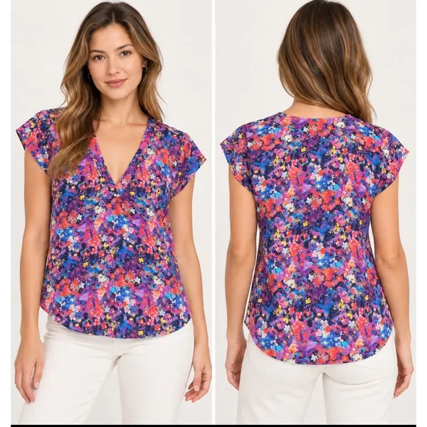 Joie 100% Silk Floral Print V-Neck Blouse Top Women's S Multicolor Cap Sleeve - Image 2