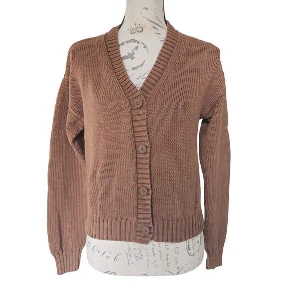 GAP Brazen Brown Cotton Linen Shaker Stitch V-Neck Cardigan Sweater‎ S 802439-02 - Image 2