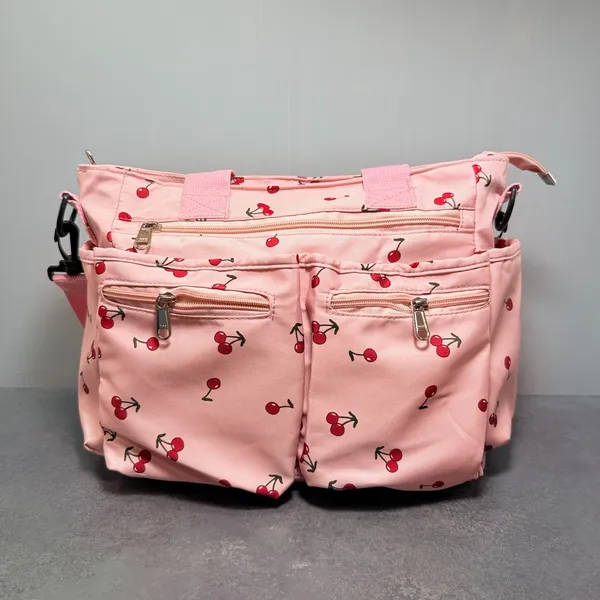 Pink Mini Cherries Crossbody Shoulder Bag 10 Pocket Travel Organizer Large - Image 2