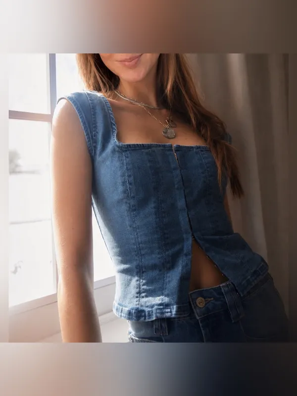 NWT Free People Marilyn Denim Corset - skylight light denim - medium - Image 4