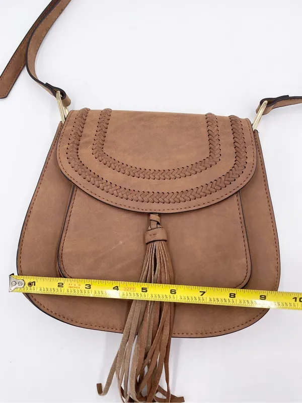 Franco Sarto Tan Faux Suede Leather Crossbody Saddle Bag Purse Fringe Boho - Image 11