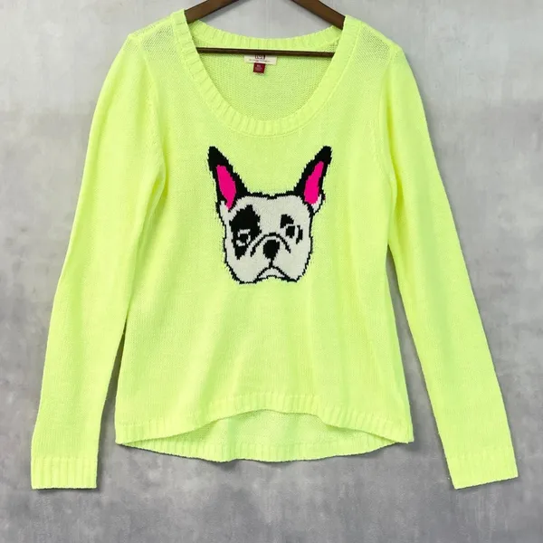 LEI Neon Yellow Sweater XL French Bulldog Dog Graphic Knit Dopamine Kitsch Twee - Image 13