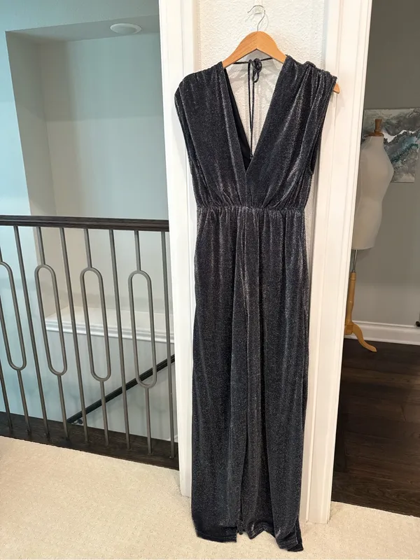Buy Together Metallic Shimmer Wide Leg Jumpsuit Black Silver Evening - Image 2