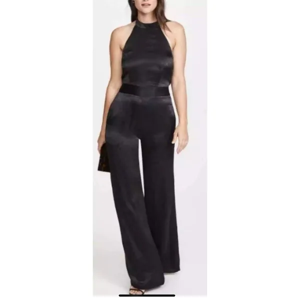 USA Made MISA Black‎ Satin Special Occasion Backless Jumpsuit Wide Leg Sandra - Image 4