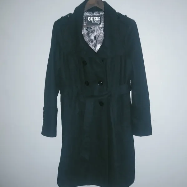 Guess L Full Length Logo Lined Pea Coat Double Breasted Belted Wool in Black - Image 5