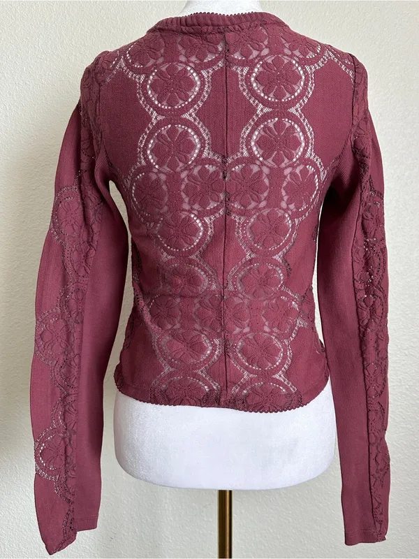 FREE PEOPLE Jae Knit Sheer Lace Long Sleeve Top Cardigan Cropped Y2K Boho XS - Image 10