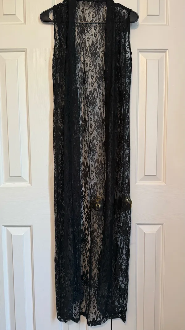 Black Lace Duster Vest – Long Sheer Layering Piece - Image 2