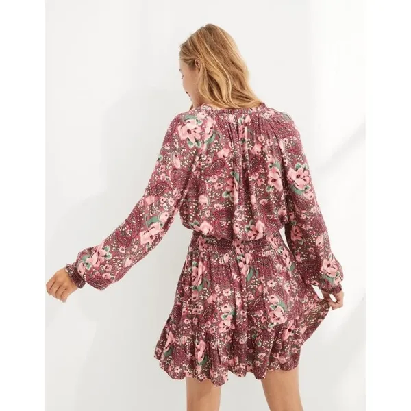 Aerie Floral Printed Long Sleeve Mini Dress Medium Women’s Pink 1172 - Image 5