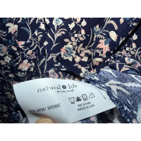 Natural Life Floral Babydoll Dress Womens XS/S Navy Blue Boho V-Neck Mini Rayon - Image 7