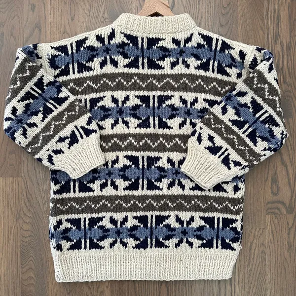 Anthropologie Vintage Heavy Knit 100% Wool Fair Isle Crewneck Sweater Cream, Blue, Brown M - Image 8