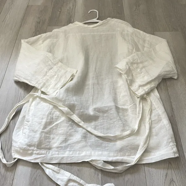 Linen Wrap Top open front long sleeve womens White (medium) minimalist natural - Image 4