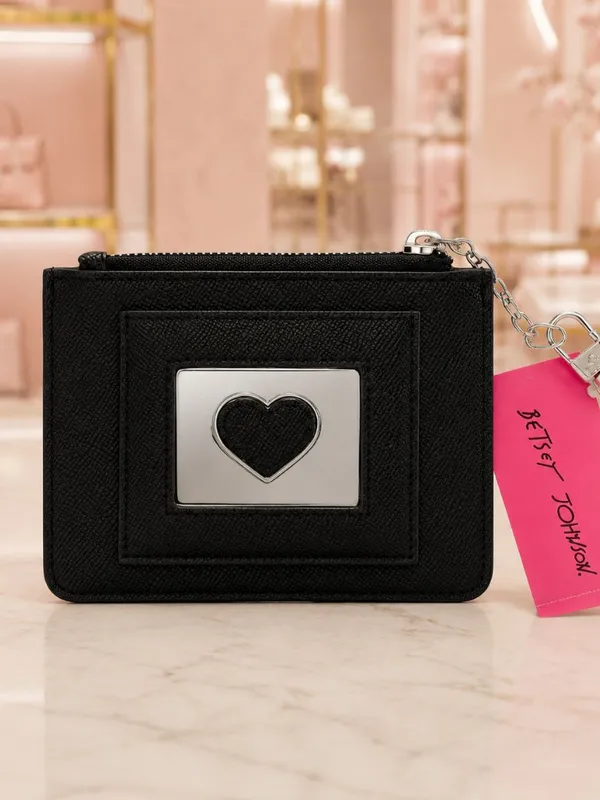 Betsey Johnson Black Heart Zip Card Holder Keychain Wallet NWT - Image 5