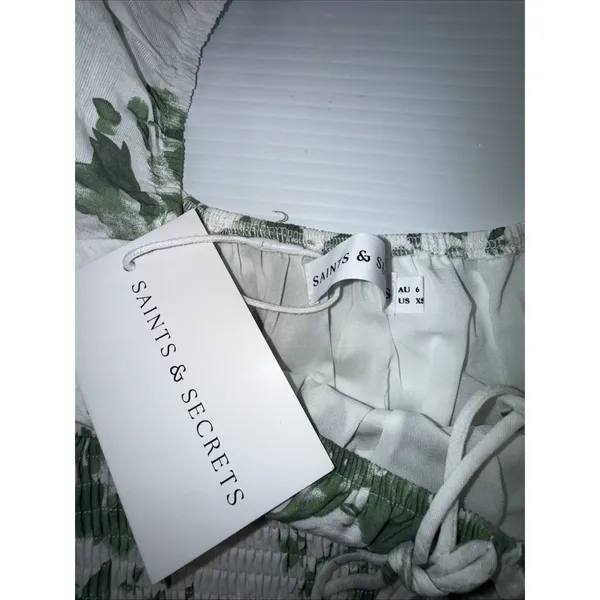 Saints + secrets Midi Dress White Olive Floral Puff Sleeve Scoop Neck‎ XS NWT - Image 6