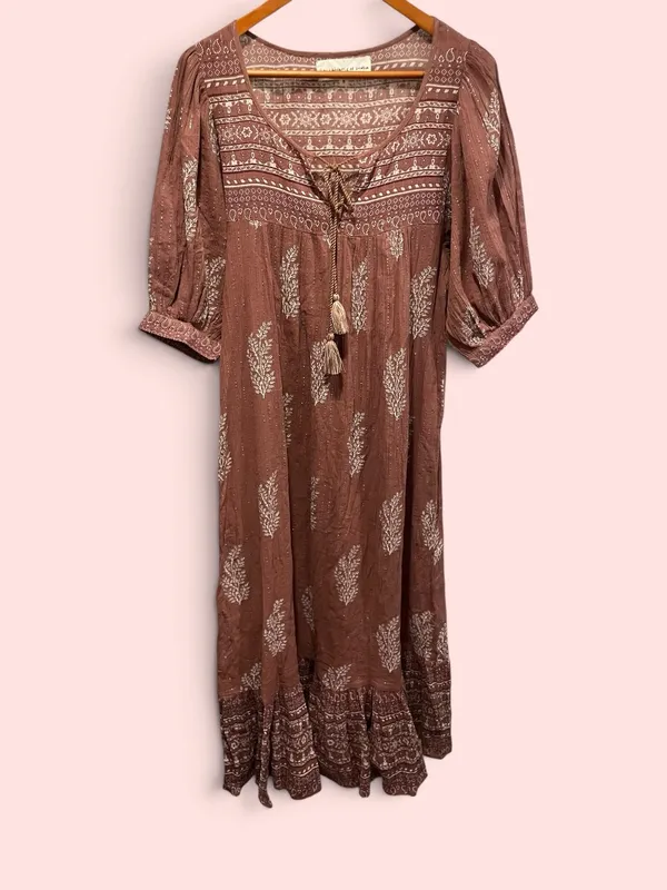 Daughters of India Mishka floral cocoa tassel metallic thread maxi dress boho - Image 3