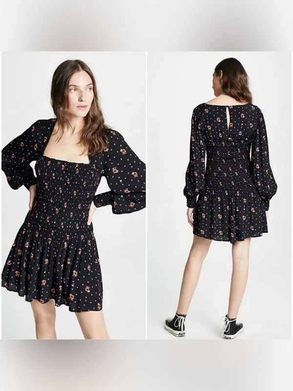 Free People Two Faces Smocked Mini Dress Black Floral Long Sleeve Large - Image 2