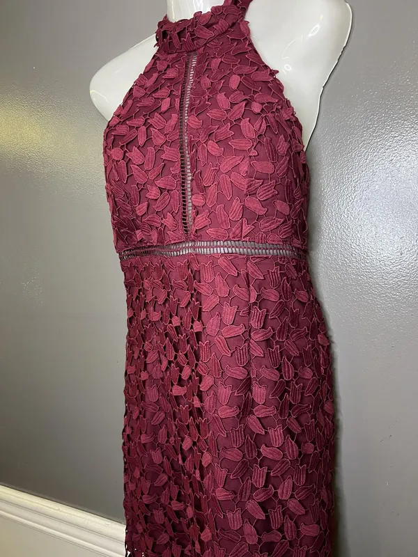 Bardot Dress Womens 6 Red Lace Halter Backless Sheath Midi Floral Party - Image 5