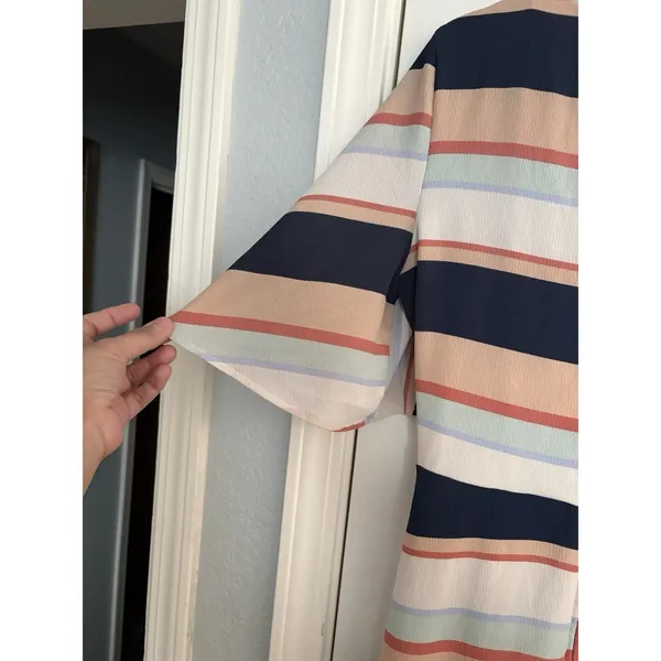 Luxology Striped Faux Wrap Midi Dress Womens Large Navy Peach Flutter Sleeve EPC - Image 5