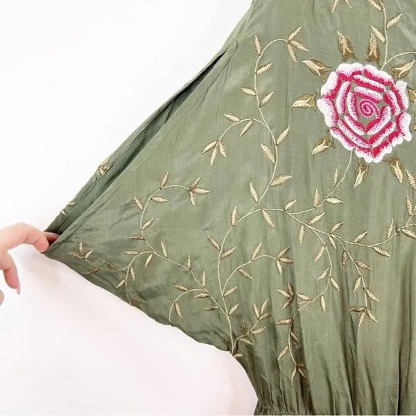 Anthropologie Seen‎ Worn & Kept Embroidered Satin Jumpsuit S Green Boho Chic - Image 6