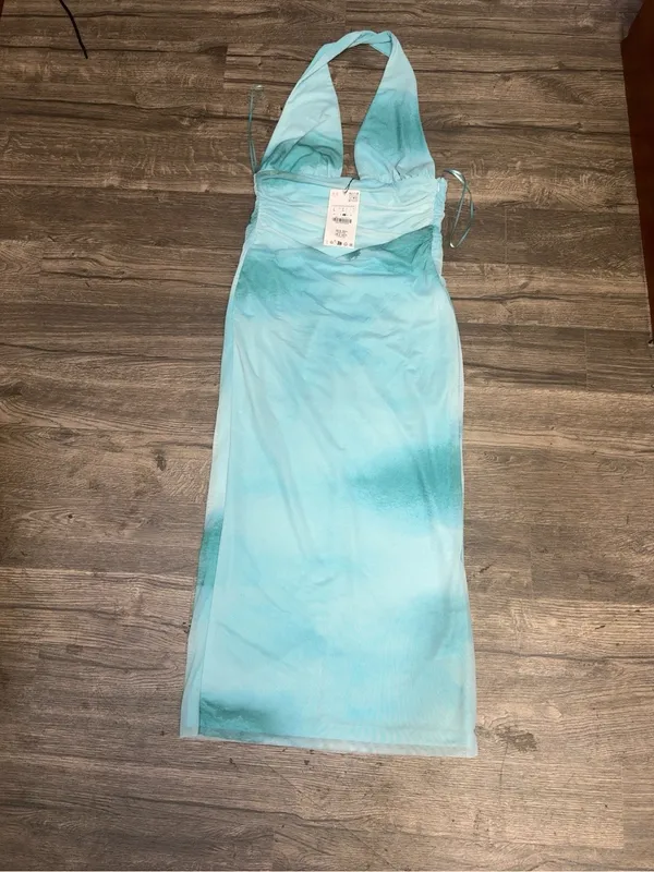 NWT Zara Aqua Watercolor Halter Midi Dress Size L - Image 3