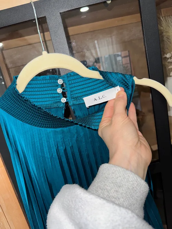 ALC Frank Renzo maxi dress Sleeveless Smocked Pleated teal satin high neck wedding - Image 3