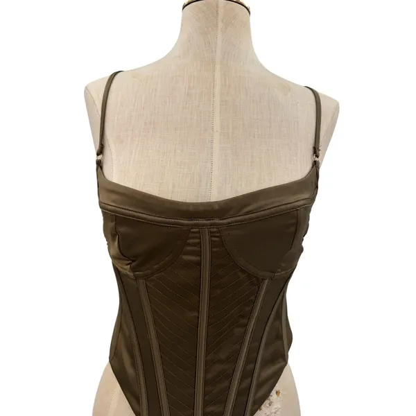 White Fox Olive Green Satin Corset Bustier Cami Top Adjustable Strap‎ Size XS - Image 2