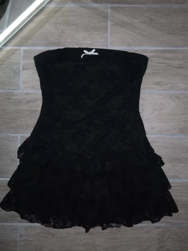 Strapless Black Lace Tiered Mini Dress with Bow Accent - Image 6