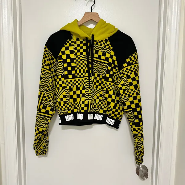UGG RTW | Woman's Mallory Checkerboard Neon Green Black‎ Cropped Hoodie, Size M - Image 3