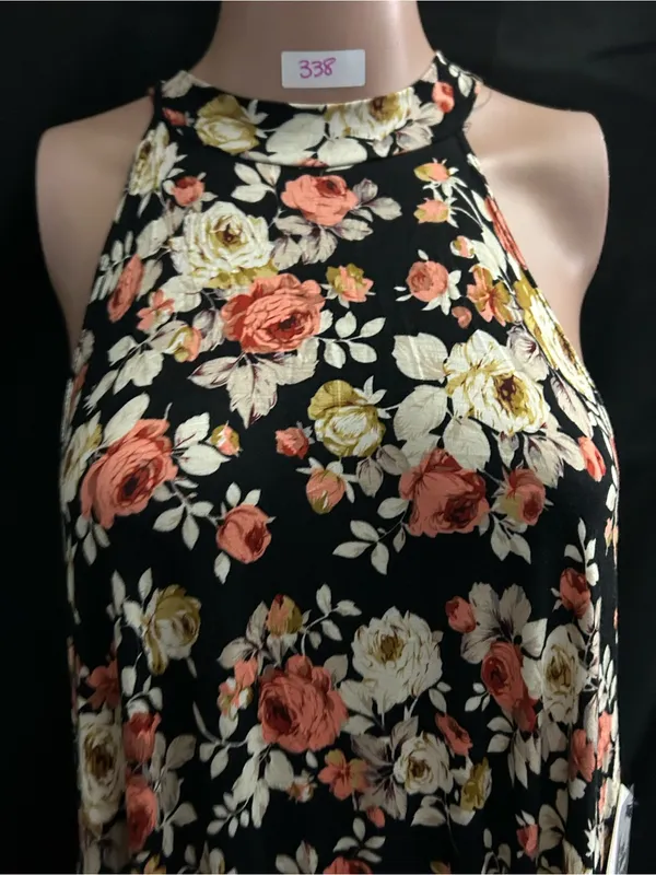 Vibe Sportswear Floral Halter Swing Dress Black Coral & Cream Roses LG NWT - Image 7