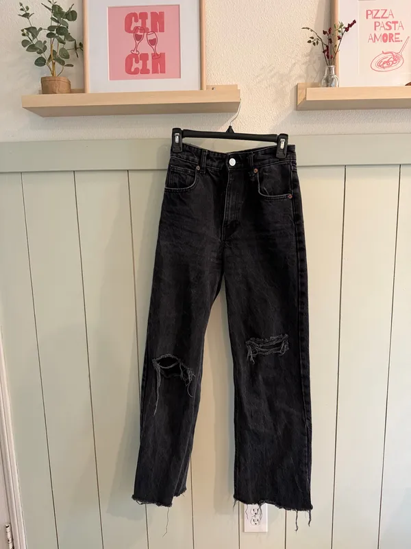 Zara Washed Black Raw Hem Flared Leg Jeans Denim Pants Distressed - Image 8