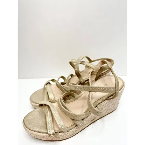 Pelle Moda Gold Metallic Strappy Espadrille Wedge Summer Sandals‎ 6.5M - Image 2