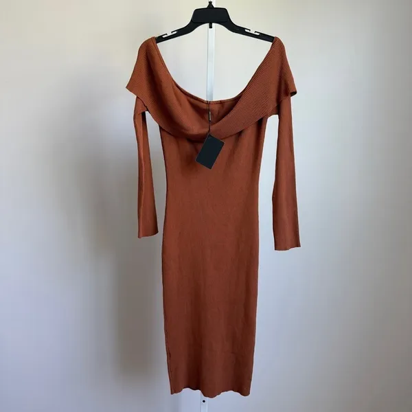 Hera Collection‎ Dress 2XL Brown Off-shoulder ribbed knit midi dress NWT - Image 8