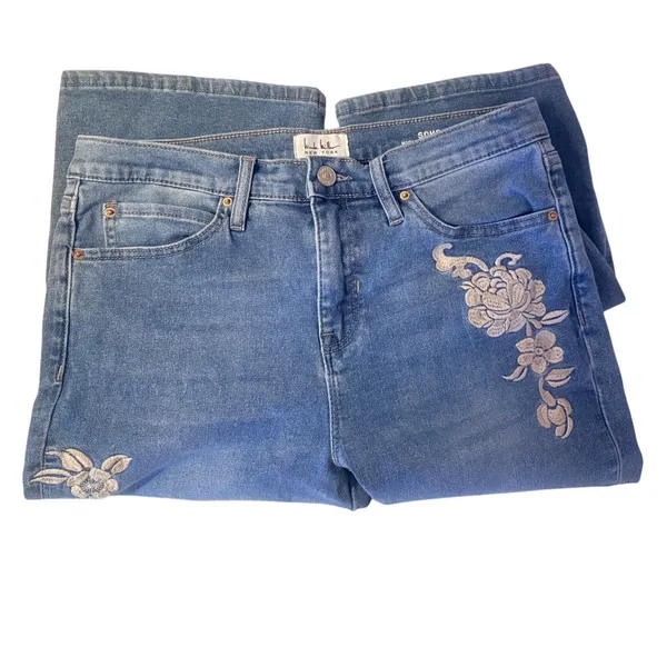 Nicole Miller Soho Bootcut Jeans Womens 8 Blue Excellent Floral Embroidered High - Image 9