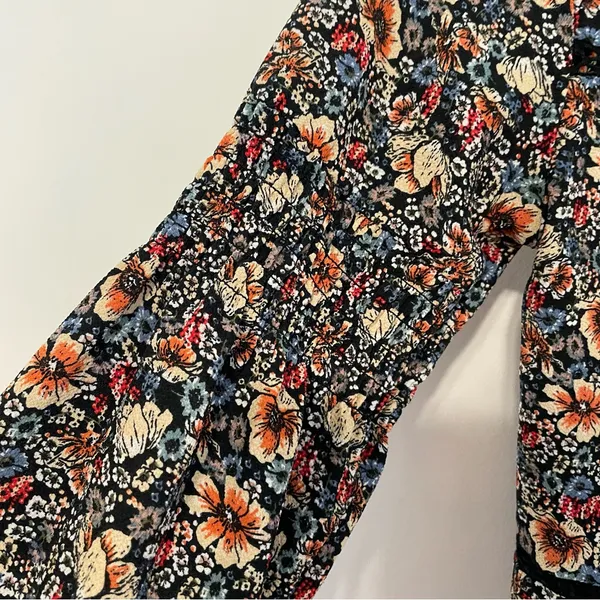 KNOX ROSE Smocked Floral Tie Back Top Black Etc Boho Long Sleeve Peasant Blouse - Image 9