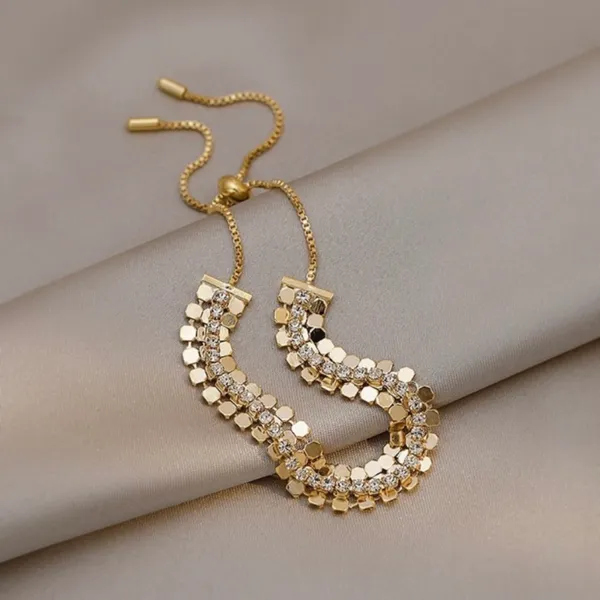 18K Gold Plated Adjustable Crystal Metal Sequin Charm Bracelet for Women - Image 3