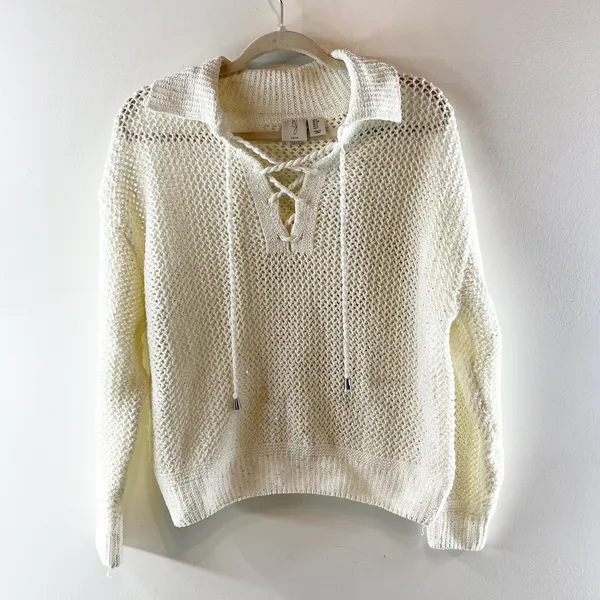 Joie Long Sleeve Lace Up Collared Crochet Polo Sweater Cream White Small - Image 2